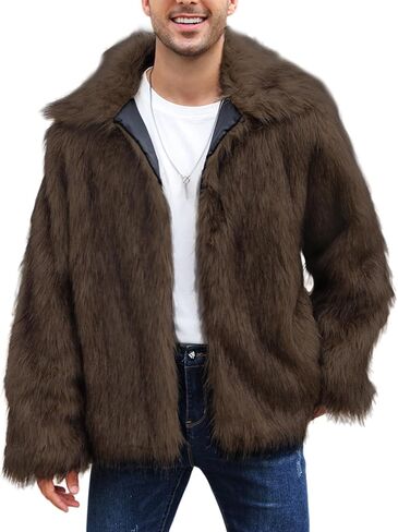 Arssm Mens Luxury Faux Fur Jacket Fluffy Furry Coats Lapel Collar Long Sleeve Outerwear Winter Warm Cardigans in Kuwait