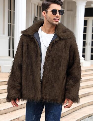 Arssm Mens Luxury Faux Fur Jacket Fluffy Furry Coats Lapel Collar Long Sleeve Outerwear Winter Warm Cardigans in Kuwait