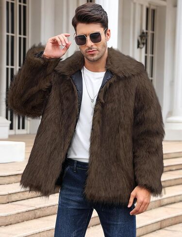 Arssm Mens Luxury Faux Fur Jacket Fluffy Furry Coats Lapel Collar Long Sleeve Outerwear Winter Warm Cardigans in Kuwait