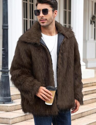 Arssm Mens Luxury Faux Fur Jacket Fluffy Furry Coats Lapel Collar Long Sleeve Outerwear Winter Warm Cardigans in Kuwait