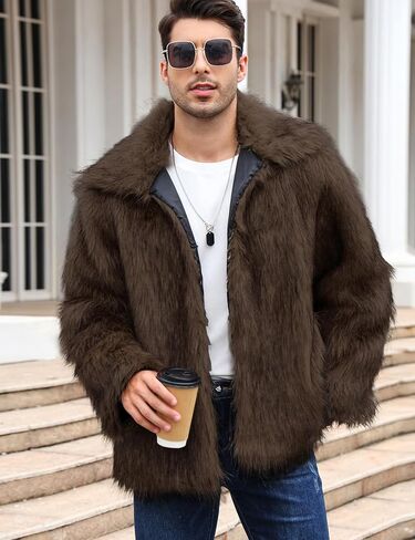 Arssm Mens Luxury Faux Fur Jacket Fluffy Furry Coats Lapel Collar Long Sleeve Outerwear Winter Warm Cardigans in Kuwait