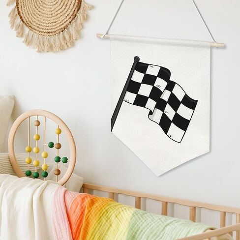Race Car Canvas Banner,Little Racer Dude Wall Art for Boy Room, Buffalo Plaid Racing Flag Hanging Decor for Playroom, Toddler Bedroom or Racing Enthusiast Gift,16x10.8In (Black-Racing Flag) in Saudi Arabia