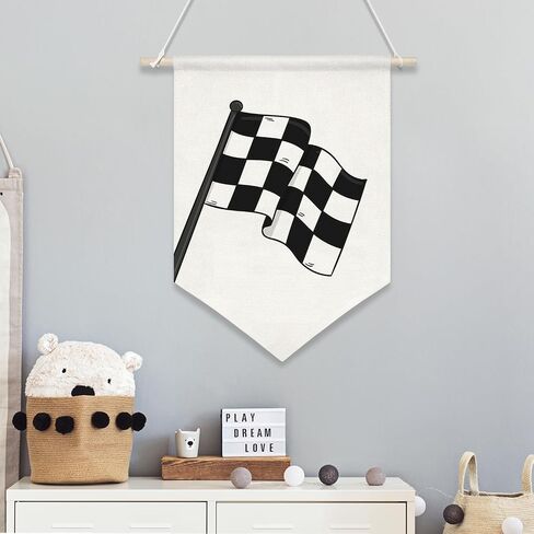 Race Car Canvas Banner,Little Racer Dude Wall Art for Boy Room, Buffalo Plaid Racing Flag Hanging Decor for Playroom, Toddler Bedroom or Racing Enthusiast Gift,16x10.8In (Black-Racing Flag) in Saudi Arabia