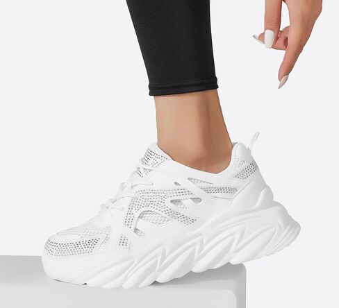 LUCKY STEP Women's Chunky Rhinestone Fashion Sneakers | Sparkly Platform Thick Dad Rave Mesh Walking Shoes in Saudi Arabia
