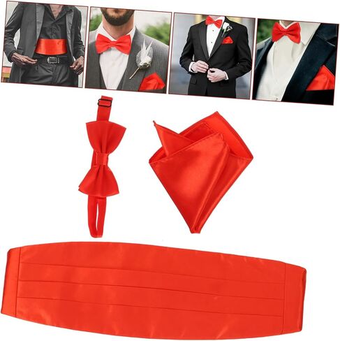 Vanzack 3PCS MEN MEN RED SATIN CUMMERBUND BOY TIN و CHINCHELLESIFE مجموعة ملابس رسمية لحفلات الزفاف والحفلات in Kuwait
