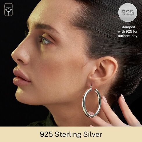 925 Sterling Silver Chunky Hoop أقراط للنساء | Hypoallergenic Hollow Round Round Sterling Silver Hoop أقراط | الأطواق ذات الأطواق الفضية السميكة ذات الوزن الخفيف بواسطة Max + Stone in Kuwait