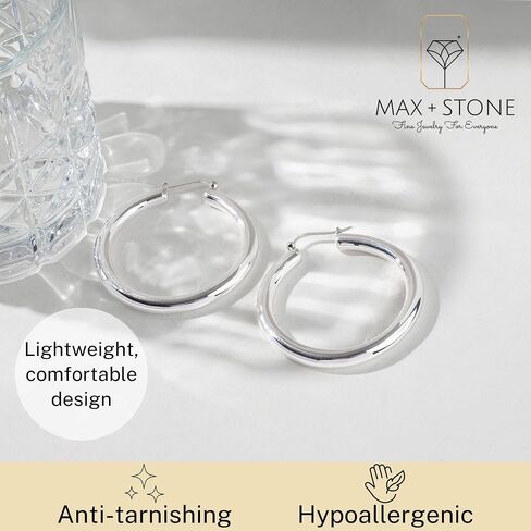 925 Sterling Silver Chunky Hoop أقراط للنساء | Hypoallergenic Hollow Round Round Sterling Silver Hoop أقراط | الأطواق ذات الأطواق الفضية السميكة ذات الوزن الخفيف بواسطة Max + Stone in Kuwait