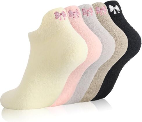 Jspupifip 5 Pairs Women Bow Fuzzy Socks, Pink Bow Cozy Winter Fuzzy Socks Fluffy Ankle Sock for Women Girls Home Sleeping in Saudi Arabia