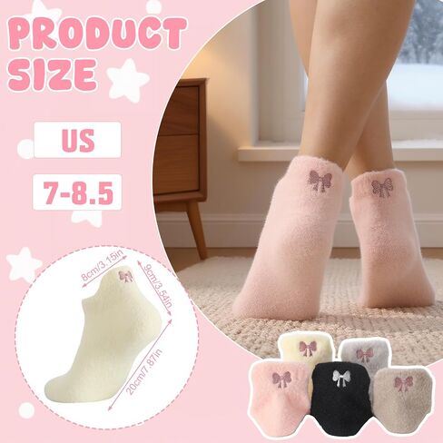 Jspupifip 5 Pairs Women Bow Fuzzy Socks, Pink Bow Cozy Winter Fuzzy Socks Fluffy Ankle Sock for Women Girls Home Sleeping in Saudi Arabia