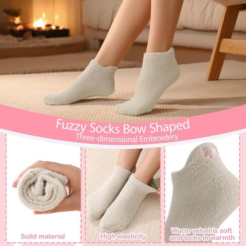 Jspupifip 5 Pairs Women Bow Fuzzy Socks, Pink Bow Cozy Winter Fuzzy Socks Fluffy Ankle Sock for Women Girls Home Sleeping in Saudi Arabia
