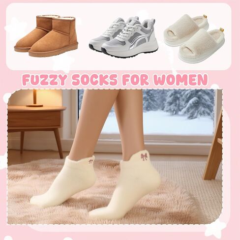 Jspupifip 5 Pairs Women Bow Fuzzy Socks, Pink Bow Cozy Winter Fuzzy Socks Fluffy Ankle Sock for Women Girls Home Sleeping in Saudi Arabia