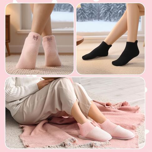 Jspupifip 5 Pairs Women Bow Fuzzy Socks, Pink Bow Cozy Winter Fuzzy Socks Fluffy Ankle Sock for Women Girls Home Sleeping in Saudi Arabia