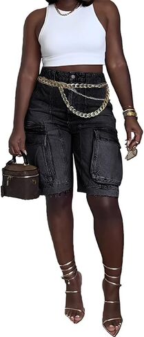 Women Y2k Baggy Denim Shorts Loose Fit Mid Rise Cargo Long Jean Shorts in Saudi Arabia
