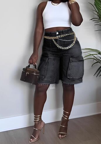 Women Y2k Baggy Denim Shorts Loose Fit Mid Rise Cargo Long Jean Shorts in Saudi Arabia