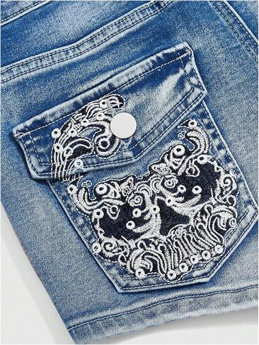 WDIRARA Women's Plus Size Embroidery Rhinestone Denim Shorts Grunge Punk Skinny Mini Jean Shorts in Saudi Arabia