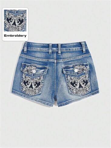 WDIRARA Women's Plus Size Embroidery Rhinestone Denim Shorts Grunge Punk Skinny Mini Jean Shorts in Saudi Arabia