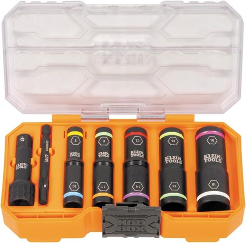 Klein Tools 65618 KNECT 8-Piece Deep Impact Flip Socket Set with Modular Case, 5 Color-Coded Sockets, 10 SAE Sizes, Adapters, 1/4, 3/8-Inch Drives in Kuwait