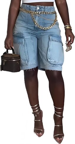 Denim Shorts Women High Waisted Summer Bermuda Stretchy Cargo Jean Casual Baggy Raw Hem Jorts with Pockets for Women in Saudi Arabia