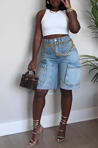 Denim Shorts Women High Waisted Summer Bermuda Stretchy Cargo Jean Casual Baggy Raw Hem Jorts with Pockets for Women in Saudi Arabia