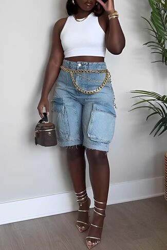 Denim Shorts Women High Waisted Summer Bermuda Stretchy Cargo Jean Casual Baggy Raw Hem Jorts with Pockets for Women in Saudi Arabia