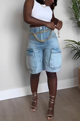 Denim Shorts Women High Waisted Summer Bermuda Stretchy Cargo Jean Casual Baggy Raw Hem Jorts with Pockets for Women in Saudi Arabia
