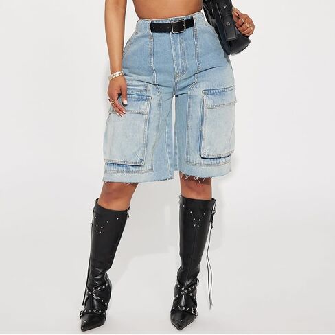 Denim Shorts Women High Waisted Summer Bermuda Stretchy Cargo Jean Casual Baggy Raw Hem Jorts with Pockets for Women in Saudi Arabia