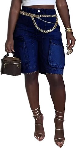 Denim Shorts Women High Waisted Summer Bermuda Stretchy Cargo Jean Casual Baggy Raw Hem Jorts with Pockets for Women in Saudi Arabia