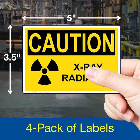 ComplianceSigns.com CAUTION X-Ray Radiation OSHA Safety Label Decal, 5x3.5 in. 4-Pack Vinyl for Medical Facility Hazmat in Saudi Arabia