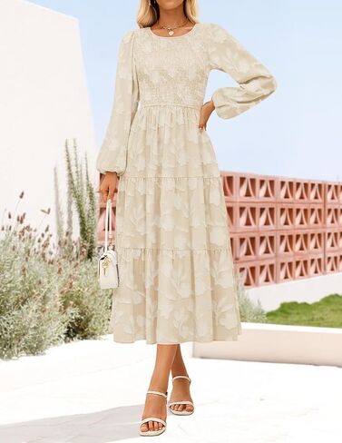 ZESICA Women's Fall Boho Floral Midi Dress 2025 Casual Long Sleeve Crewneck Flowy Wedding Guest Long Dresses in Saudi Arabia