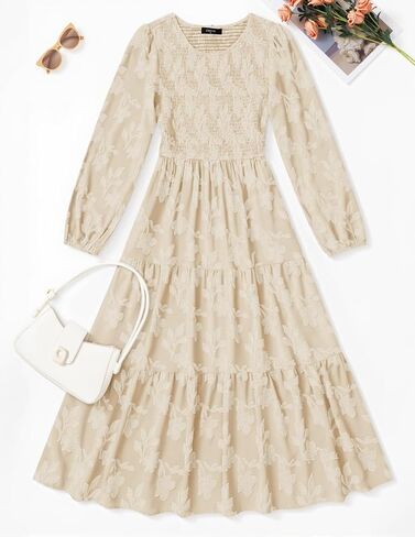 ZESICA Women's Fall Boho Floral Midi Dress 2025 Casual Long Sleeve Crewneck Flowy Wedding Guest Long Dresses in Saudi Arabia