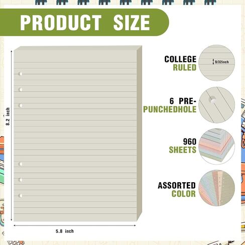 PerKoop Lined Refill Paper A5 Colored 6 Ring Binder Planner Inserts 6 Hole Notebook Refills Paper 960 Sheets 8.2 x 5.8 Inch Loose Leaf(Vintage Color) in Saudi Arabia