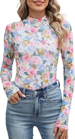 Women Dressy Mock Turtleneck Floral Mesh Long Sleeve Going Out Thong Bodysuits Tops Fall Fashion 2025 in Saudi Arabia