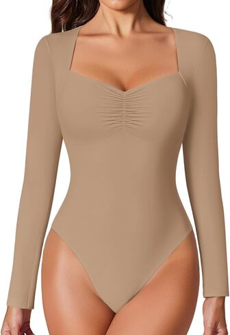 Avidlove Women's Sexy Sweetheart Neckline Bodysuit Tops Long Sleeve Double Lined Thong Body Suits Ruched Outfits in Saudi Arabia