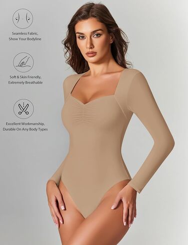 Avidlove Women's Sexy Sweetheart Neckline Bodysuit Tops Long Sleeve Double Lined Thong Body Suits Ruched Outfits in Saudi Arabia