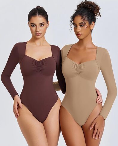 Avidlove Women's Sexy Sweetheart Neckline Bodysuit Tops Long Sleeve Double Lined Thong Body Suits Ruched Outfits in Saudi Arabia