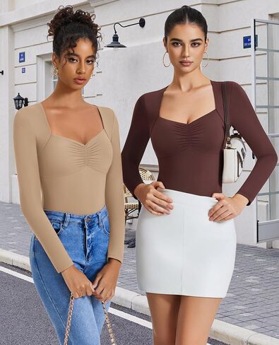 Avidlove Women's Sexy Sweetheart Neckline Bodysuit Tops Long Sleeve Double Lined Thong Body Suits Ruched Outfits in Saudi Arabia