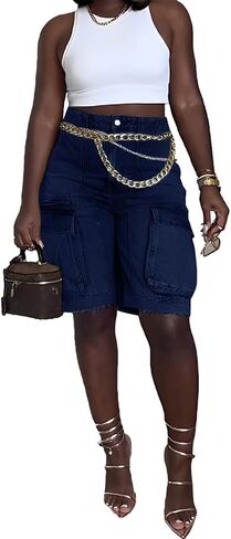 Women Y2k Baggy Denim Shorts Loose Fit Mid Rise Cargo Long Jean Shorts in Saudi Arabia