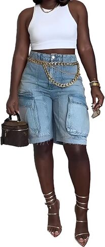 Women Y2k Baggy Denim Shorts Loose Fit Mid Rise Cargo Long Jean Shorts in Saudi Arabia