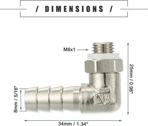 Motoforti Universal Car 90 Degree Brass Fitting Hose Adapter, Hose Fitting, 8mm 5/16" Barb to Male Metric M8x1, Durable, Brass, Silver Tone in Saudi Arabia
