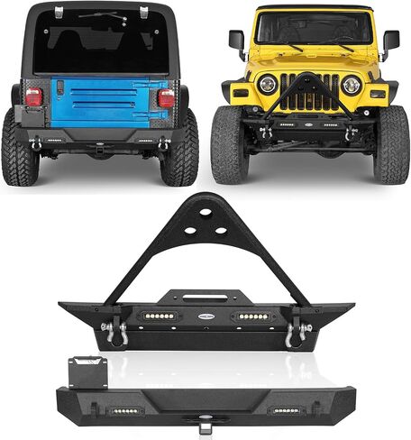 Hoke Road Wrangler TJ Stinger الأمامي المصد مع لوحة وينش + طقم المصد الخلفي متوافق مع Jeep Wrangler TJ 1997-2006 (Steel Black) in Saudi Arabia