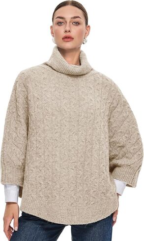 سترة نسائية بياقة مدورة من PULI سترة عصرية سميكة منسوجة على شكل كيب بلوفر مكتنزة شالات دافئة لخريف وشتاء in Kuwait