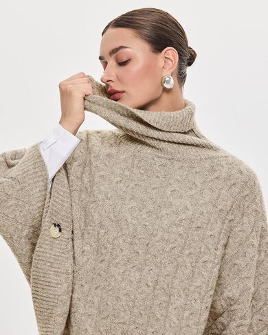 سترة نسائية بياقة مدورة من PULI سترة عصرية سميكة منسوجة على شكل كيب بلوفر مكتنزة شالات دافئة لخريف وشتاء in Kuwait