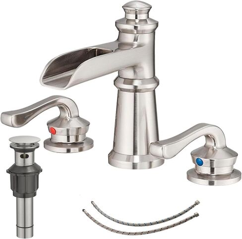 Chrome Bathroom Sink Faucet, Bathroom Faucet 3 Hole, Widespread Bathroom Faucet, 8 Inch Waterfall 2 Handle with Pop Up Drain with Overflow Set Polished Vanity Mixer Tap Commercial Modern in Kuwait