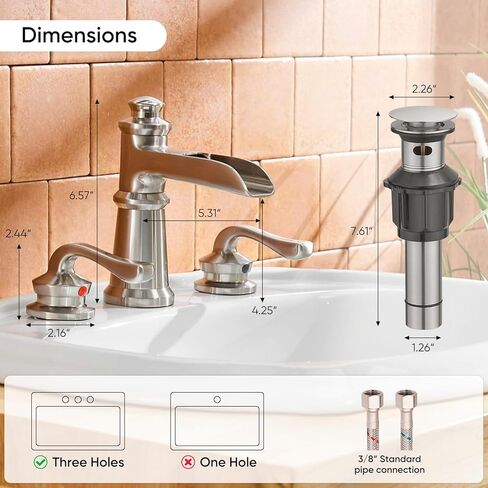 Chrome Bathroom Sink Faucet, Bathroom Faucet 3 Hole, Widespread Bathroom Faucet, 8 Inch Waterfall 2 Handle with Pop Up Drain with Overflow Set Polished Vanity Mixer Tap Commercial Modern in Kuwait