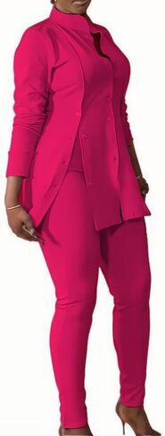 Plus Size Women's Button-Front Blazer and Pants Set, Curvy Long Sleeve Professional Two-Piece Suit in Saudi Arabia