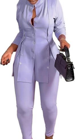 Plus Size Women's Button-Front Blazer and Pants Set, Curvy Long Sleeve Professional Two-Piece Suit in Saudi Arabia