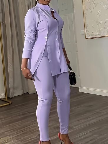 Plus Size Women's Button-Front Blazer and Pants Set, Curvy Long Sleeve Professional Two-Piece Suit in Saudi Arabia