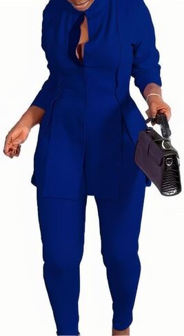 Plus Size Women's Button-Front Blazer and Pants Set, Curvy Long Sleeve Professional Two-Piece Suit in Saudi Arabia