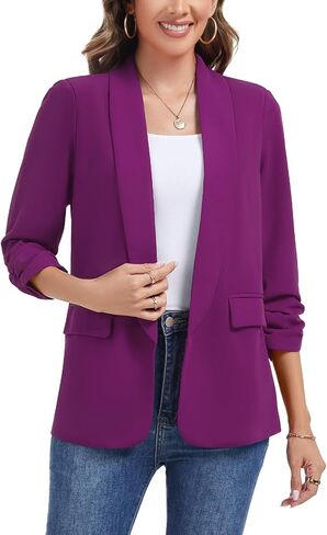 نساء Ruched 3/4 Sleeve Blazers عارضة شال من طية صاخبة مبطئة الكتف مفتوحة السترات السترة الأمامية الجيب in Saudi Arabia