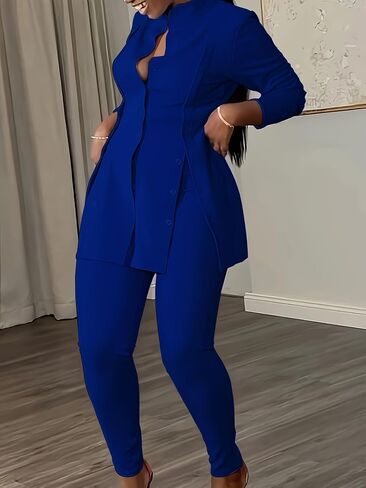 Plus Size Women's Button-Front Blazer and Pants Set, Curvy Long Sleeve Professional Two-Piece Suit in Saudi Arabia